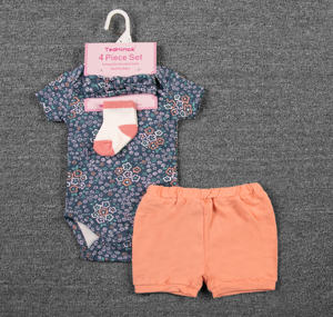 Nuovissimo Set di <span class=keywords><strong>Abbigliamento</strong></span> Unisex per Neonati 100% Cotone Traspirante Casual a Righe Estivo con Bretelle 4 Pezzi 0-24 Mesi Vendita all'Ingrosso - Product Image 4