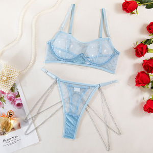 Sexy Women Underwear Sets Solid Color <b>Perspective</b> Chain Shine Breathable Ultra-thin Womens Clothing Two Piece Sexy Lingerie - Product Image 4