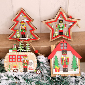 Wooden Christmas Hanging Ornaments Led <b>Lighted</b> House Car Tree Star Shape Festival Decorations - Product Image 4