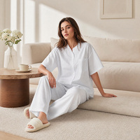 Ensemble pyjama en coton pour femmes, col mandarin, boutons, haut à manches courtes, pantalon à jambes larges, vêtements de détente en seersucker SOFT13