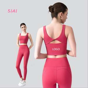 Women's Plus Size Reversible <b>Sports</b> Set Nude Feel Breathable Square Neck Yoga <b>Bra</b> Twist Knot Back Design Spandex/Nylon Material - Product Image 1