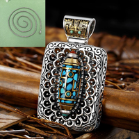 Collier pendentif vintage en laiton avec chaîne à maillons et perles rotatives « Dix Mille Bouddhas » en turquoise naturelle