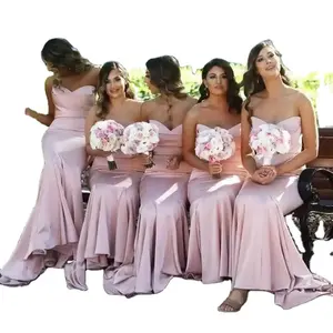 Gaun pengiring pengantin sifon panjang putri duyung merah muda berdebu seksi kualitas tinggi kustom pabrik 2023 dengan kereta api