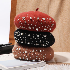 D1954 Fashion Winter <strong>Women</strong> Girl Warm Knit Thicken Wool Cashmere <strong>Beret</strong> Woolen Knitted Hat Beanie Rhinestone Pearl <strong>Beret</strong> - Product Image 3