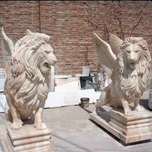 Dekorasi luar ruangan kustom pasangan marmer batu ukiran tangan singa dengan sayap patung singa