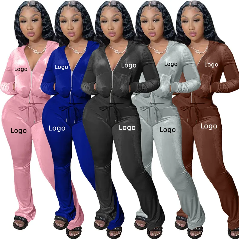 Custom Winter 2 Piece Sets For Women Jogger Tracksuit Sweatpants and Hoodie Set Velvet Two Piece Set Fall 2022 Women Clothes