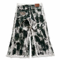 Jeans vintage pour homme à jambe large, personnalisés, en denim noir et vert, avec art abstrait peint à la main, effet vieilli, déchirés et ourlet effiloché, style streetwear