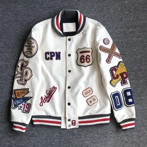 ins outdoor men's Pu leather varsity jacket White cropped baseball jackets for men