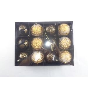 SET DI 12 PALLINE IN PLASTICA DORATE/NERE CON DECORAZIONI, DIAMETRO 8 cm - Product Image 1
