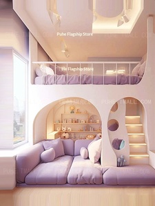Cama litera minimalista <span class=keywords><strong>de</strong></span> madera maciza <span class=keywords><strong>de</strong></span> dos pisos para niña, modelo Purple Princess, con sofá inferior multifuncional. - Product Image 3