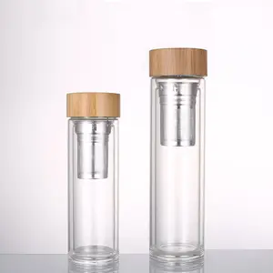Double Wall Thermos Borosilicate Glass Water Bottle with Stainless Steel Long Short Infuser with Bamboo Lid snow globe tumbler