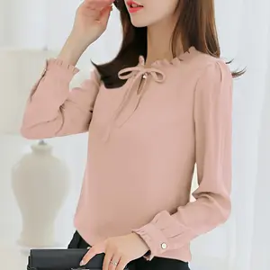 Kemeja Sifon Pita Merah Muda Blus Wanita Serbaguna Lengan Panjang Kaus Kebesaran Pakaian Atasan Crop Korea Fashion Wanita - Product Image 1