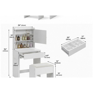 Tocador <span class=keywords><strong>Blanco</strong></span> con Espejo LED Iluminado, <span class=keywords><strong>Cajones</strong></span> de Almacenamiento, Taburete Acolchado y Soporte para Secador de Pelo - Product Image 3