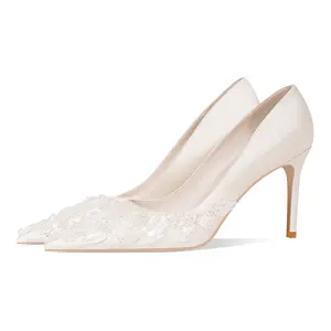 Senior Silk Beaded Dress Pumps Pearl High Heel Pointy Stilettos in Fairy Princess Style Wedding Shoes for Bride