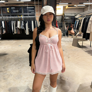 Striped Lace Print Breathable Eco-Friendly Casual Cami Top for Women New Hot Sale Sexy Backless <b>Tie</b>-Up Loose A-Line Cute - Product Image 4