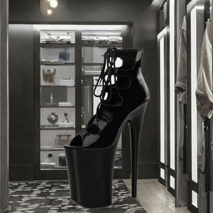 Sandalias Grandes para Mujer, 20 cm, Plataforma con Tacón Súper Alto, Zapatos de Baile para Club, Tacón Fino de PU, Negros, con Encaje Calado, para Bailarinas de Pole Dance - Product Image 2