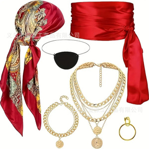 Pirate Costume Set <b>Red</b> Bandana Eyepatch Compass Necklace Waist Scarf Cosplay Accessory Women's Party Outfit - Product Image 5