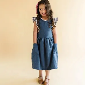 Schönes Mädchen Senf Träger kleid Französisch Terry Kinder Hosenträger Kreuz rücken frei Rock Boutique Sommerkleid