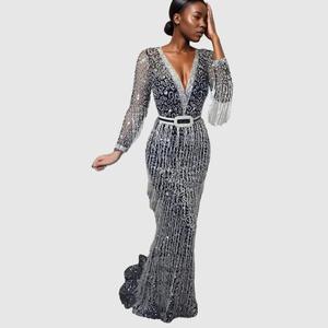 Vestido de Fiesta Largo para Mujer con Cuello en V, Borlas, Manga Larga, Ecológico, con Cuentas y Cintura Natural, Ideal para Verano - Product Image 1