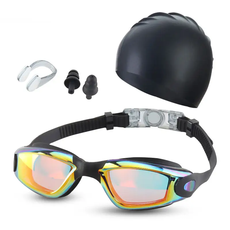 Waterproof PC Lenses Adult Silicone Anti Fog No Leaking Swim Eyewear Suit UV Protection Swimming Caps Set