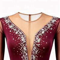 Robe de patinage artistique dégradé bordeaux, col en V, maille ornée de strass, manches longues, dos profondement ouvert, pour adultes et enfants