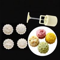 Kit de moules à gâteaux de lune 50g 4 pièces, outils de pâtisserie DIY à épaisseur réglable, antiadhésifs, à motif floral, tampons à biscuits à pression manuelle
