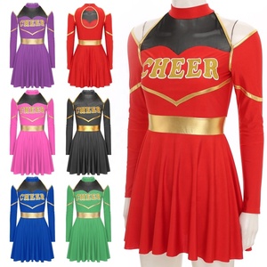 Robe d'uniforme de cheerleading avec bordure dorée, logo de cheerleading imprimé sur le devant, style jupe pour adulte, en Spandex/Polyester, imprimé par transfert thermique, rouge et violet - Product Image 1