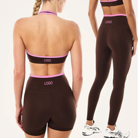 Fabricant OEM – Ensemble 3 pièces de vêtements de sport personnalisés bicolores : Soutien-gorge de sport dos nu, short de gym taille haute et leggings de fitness pour femme