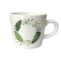 Tasse à café conique en céramique imprimée motif feuille verte et guirlande florale, avec logo personnalisé, en grès, cadeau personnalisé