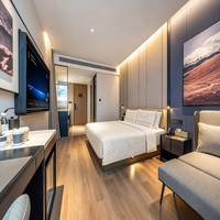 Ensemble de meubles modernes modulaires pour chambre d'hôtel et appartement : Lit double, lit rembourré, tête de lit avec panneau mural, bureau et canapé