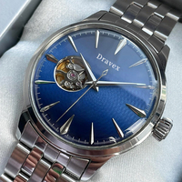 Montre-bracelet mécanique pour homme à usage quotidien, bracelet en acier poli réglable, index des heures de forme pointue, cadran bleu marine, montre-bracelet décontractée