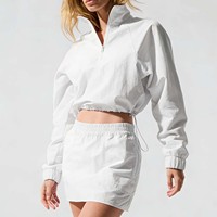 Ensemble 2 pièces coupe-vent court à demi-zip : veste à manches longues + mini-jupe – Tenue décontractée de sport pour femme