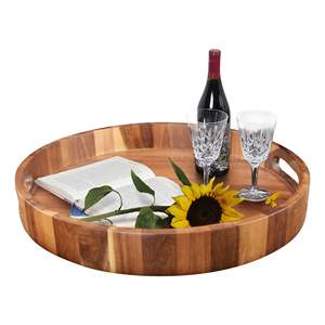 Bandeja de servicio de madera redonda de gran diámetro personalizada, bandeja circular de Acacia rústica con asas, inspiración otomana para entretenimiento gastronómico - Product Image 1