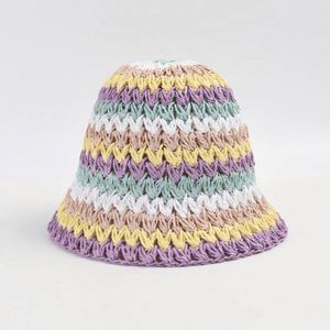 Wholesale Daily Travel Beach Rainbow Striped Hand-hooked Paper <b>Straw</b> Summer Fashion Sunshade Sun Hand Knitted Bucket <b>Hat</b> - Product Image 4