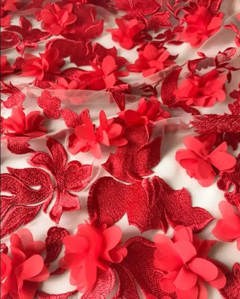 2 renk kaliteli moda Couture lüks kırmızı 3D şifon çiçek örgü nakış gelin çiçek düğün kumaş