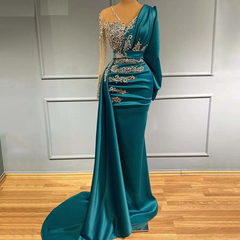 Red/Dark Green Mermaid Satin Long Wedding Party Dresses Muslim Elegant Beaded Luxury Stock Evening Gowns