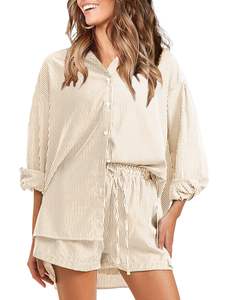 Femmes été 2 pièces rayé à manches longues chemise et short ensembles personnalisé de haute qualité vêtements d'été 2 pièces ensembles pour femmes - Product Image 6