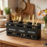 Boîte de rangement pour couverts en bois, vaisselle rustique et support à ustensiles, idéale pour la maison