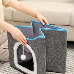 Mode Katzen betten Großes Indoor <span class=keywords><strong>Cat</strong></span> Cave Haustier bett mit flauschigem Ball & Scratch Pad Solid Pattern Wildleder Faltbares Versteck für Katzen - Product Image 6