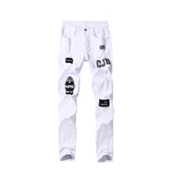 Pantalon en jean fin déchiré respirant taille mi-haute délavé moyen pour homme – Collection automne-été pour jeunes hommes
