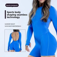 Sunny DF Nouvelle collection transfrontalière : Ensemble de sport et de fitness sans couture, à manches longues, dos nu, bretelles spaghetti, en Spandex/Nylon, avec short court, pour le yoga
