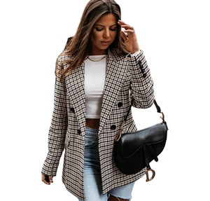 Hochwertige Damen Herbst solide elegante stilvolle karierte schlanke Anzug Jacke Roll-up-Ärmel Zweireiher lässig langen Anzug - Product Image 1