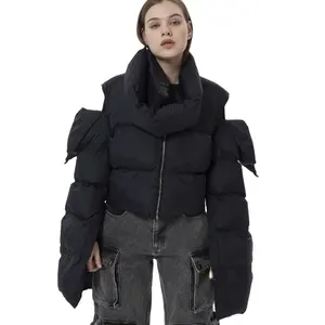 OEM Black cropped Detachable funnel neck and raglan shoulders cutout flared cuffs quilted down coat women puffer jacket