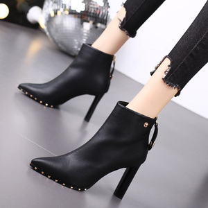 Bottines à talons hauts et épais à bout pointu pour femmes, nouvelle collection automne-hiver 2023, fines et polyvalentes, en velours - Product Image 2
