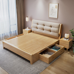 Creamy Cloud Style Solid Wood Bed 1.8m/1.5m Soft Headboard <b>Storage</b> Master Bedroom Double Bed - Product Image 3