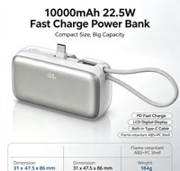 Power Bank 10000mAh 22.5W Pengisi Daya Cepat dengan Kabel USB C Terintegrasi Layar LED Paket Baterai Mini Portabel