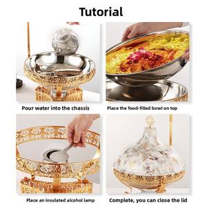 होटल रेस्तरां ईंधन चफिंग बफेट ट्रे ग्लास ढक्कन शादी पार्टी संगमरमर स्टेनलेस स्टील सोना 8l क्षमता भोजन गर्म सेट - Product Image 5