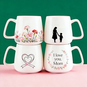 Tasses en céramique pour la fête des mères - Motif floral, silhouette mère et enfant, design « Je t'aime, maman », ruban de sensibilisation au cancer du sein - Product Image 1