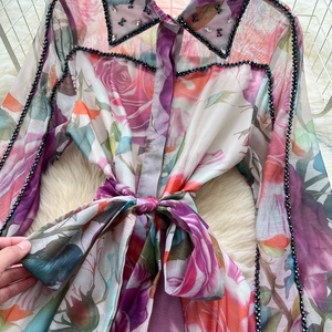Vestido de mujer de alta gama con cuello de solapa con cuentas, manga larga, estampado, <span class=keywords><strong>para</strong></span> primavera, con lazo en la cintura y abotonadura sencilla. - Product Image 3