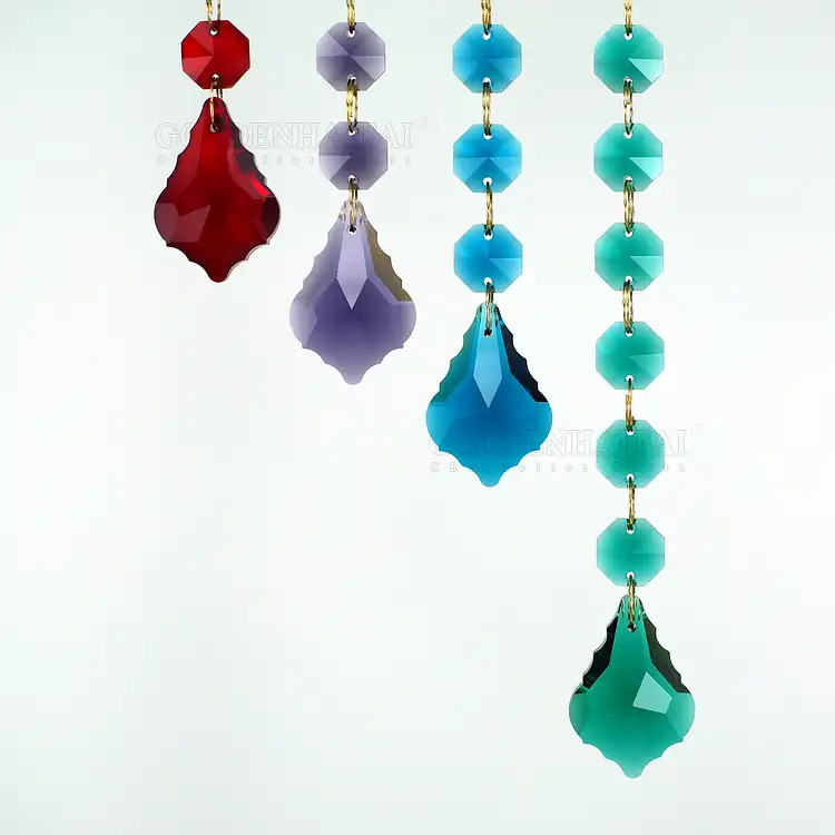 14mm Kristallglas Achteck Perlen Vorhang mit 38mm Ahornblatt Anhänger hängen Kronleuchter Beleuchtung Girlande Kette